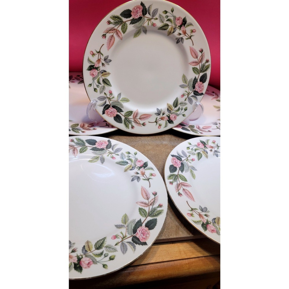 SET 5 Wedgwood Hathaway Rose Bone China Salad Plates Pink Floral Gold Trim